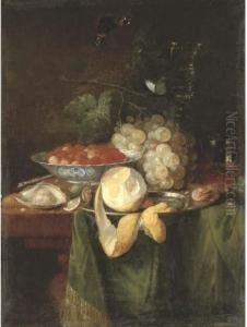 A Lemon, A Prawn And Hazelnuts On A Pewter Plate by Abraham Hendrickz Van Beyeren