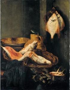 A Larder Still Life With Fish In
 Baskets Together With Radishes And Kitchen Utensils On A Table by Abraham Hendrickz Van Beyeren