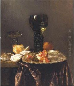 Still Life With A Roemer, A 
Pomegranate And Oysters All Resting On A Partially Draped Table