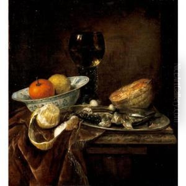 Still Life Of An Orange And A 
Lemon In A Porcelain Bowl, A Roemer, A Melon, A Sliced Herring On A 
Pewter Plate, And A Peeled Lemon Together On A Table Draped With A 
Velvet Cloth - view 1