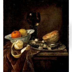 Still Life Of An Orange And A 
Lemon In A Porcelain Bowl, A Roemer, A Melon, A Sliced Herring On A 
Pewter Plate, And A Peeled Lemon Together On A Table Draped With A 
Velvet Cloth by Abraham Hendrickz Van Beyeren