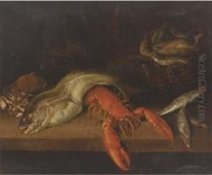 A Lobster, A Basket Of Fish, A Crab, A Cod And Other Fish On Aledge by Abraham Hendrickz Van Beyeren