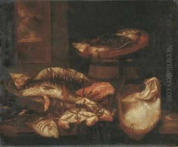 A Ray, A Salmon Steak, Crabs And
Other Fish In A Basket On A Wooden Ledge Before A Window - view 1