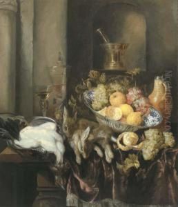 Grapes, Lemons, And Oranges In A
 Wan-li 'kraak' Porselein Bowl,with A Plucked Chicken And Two Hares, And
 Two Facon-de-veniseglasses On A Partly Draped Ledge, A Pewter Mounted 
Tanker And Apestle And Mortar In A Niche Beyond