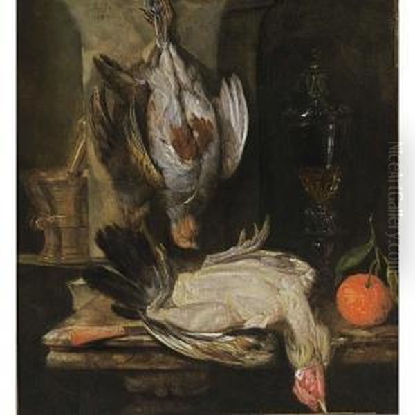 A Still Life With A Partridge, A
Turkey, A Bitter Orange, A Glass Goblet Together With A Mortar And A
Knife With An Agaath Handle, All On A Marble Ledge - view 1