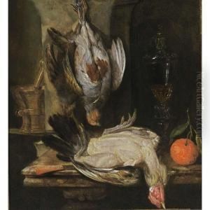 A Still Life With A Partridge, A
 Turkey, A Bitter Orange, A Glass Goblet Together With A Mortar And A 
Knife With An Agaath Handle, All On A Marble Ledge by Abraham Hendrickz Van Beyeren