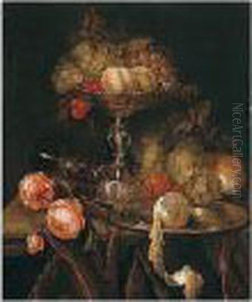 Still Life Of Fruit In A Silver 
Tazza Together With Grapes, Bread, Roses, A Wine Glass And A Peeled 
Lemon On A Pewter Dish, All Arranged On A Ledge Draped With A Brown 
Cloth - view 1