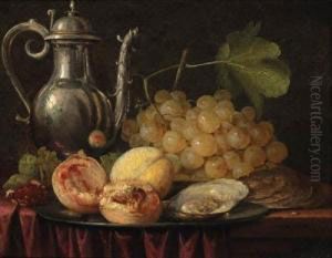 A Silver Ewer, A Bunch Of Grapes
 With Peaches And Oysters On Apewter Plate, On A Partially Draped Table