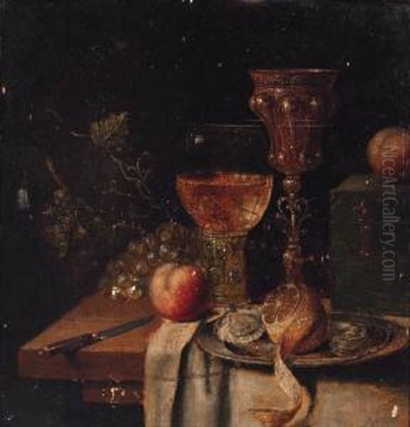 A Roemer, A Silver-gilt Cup, 
Oysters And A Peeled Lemon On A Pewterplate, A Knife, A Casket With 
Apples And Grapes On A Partiallydraped Table - view 1