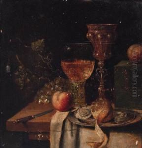 A Roemer, A Silver-gilt Cup,
Oysters And A Peeled Lemon On A Pewterplate, A Knife, A Casket With
Apples And Grapes On A Partiallydraped Table by Abraham Hendrickz Van Beyeren
