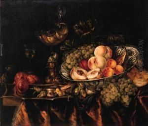 Peaches, Grapes, Apricots, A Fig
And A Plum In A Wan-li - Dish, Abun, Grapes, A Fob-watch, A Shrimp,
Hazelnuts, Plums And Sweetmeaton A Puntschotel, A Nautilus Shell On A
Silver Gilt Stand And Afaon-de-venise Wineglass On A Draped Table by Abraham Hendrickz Van Beyeren