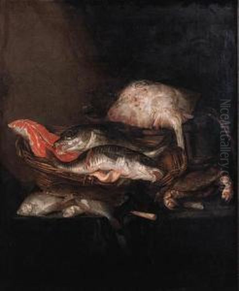 A Ray On A Barrel, A
Salmon-steak, A Pike-perch And A Coalfish In Abasket With Flounders, A
Knife And A Crab On A Draped Table - view 1