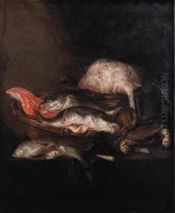 A Ray On A Barrel, A
Salmon-steak, A Pike-perch And A Coalfish In Abasket With Flounders, A
Knife And A Crab On A Draped Table by Abraham Hendrickz Van Beyeren
