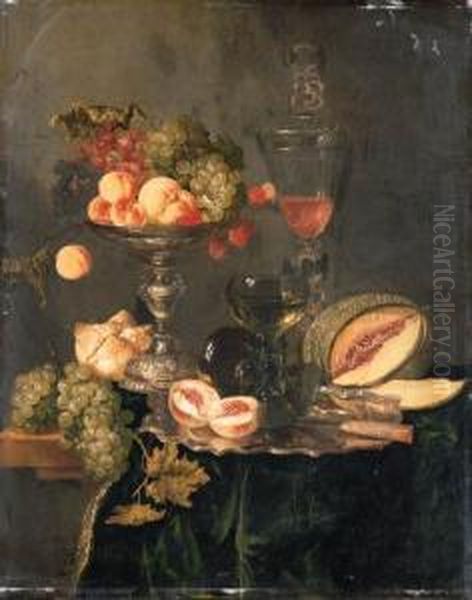 Nectarines, Peaches, Grapes And
Raspberries On A Silver Tazza, Tworoemers And A Sliced Peach With A
Knife On A Silver Plate, A Melon,a Bread Roll And A Wine Glass On A
Table Draped With A Green Velvetcloth - view 1