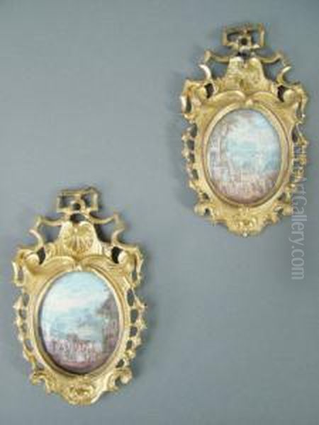 Carriages With Elegant Figures 
Arriving At A Country Estate In A Classical Setting And Carriages 
Arriving At A Country Dwelling Set In A Classical Landscape With 
Musicians And Elegant Dancing Figures; A Pair In Miniature - view 1