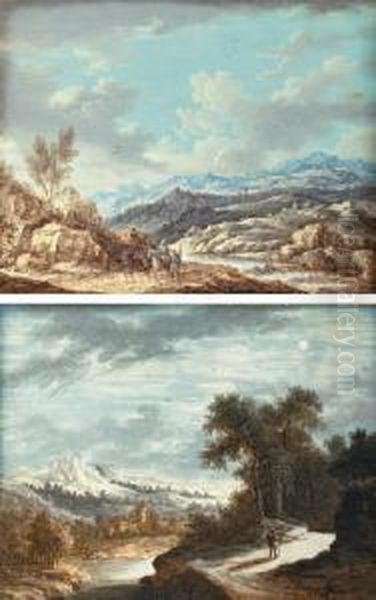 Travelers On Horseback And
Shepherds In A Mountainous River Landscape; And A Traveler On A Path In A
Moonlit River Landscape - view 1