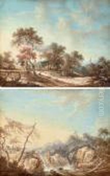 Travelers With A Dog In A Wooded
Landscape, A Church Steeple Beyond; And A Wooded Landscape With A
Cascade - view 1
