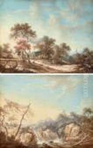 Travelers With A Dog In A Wooded
 Landscape, A Church Steeple Beyond; And A Wooded Landscape With A 
Cascade