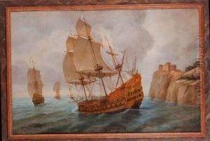 Trois Navires Pres Dune Cote by Henri Joseph Van Blarenberghe