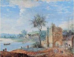 Paysage Fluvial Anime D'une Fete Villageoise