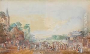 Villagers In A Town Square With A Church On The Left Villagers In A Town Square With A Church On The Left