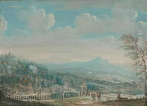 Sweeping Landscape With Vintners At Harvest. by Louis Nicolael van Blarenberghe