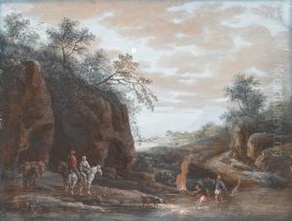 A Rocky River Landscape With Travellers Watering Their Horses At The Mouth Of A Cave - view 1