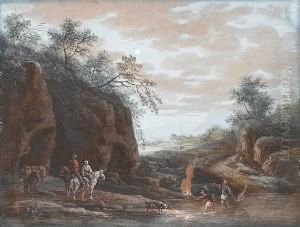 A Rocky River Landscape With Travellers Watering Their Horses At The Mouth Of A Cave