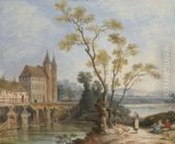 Des Habitations Au Bord Du 
Rivage De L'autre Cote D'un Pont, Des Femmes Avec Leur Enfants Au 
Premier Plan - view 1