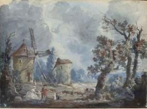 Figures In A Stormy Landscape 
With Windmills; And Figures In Alandscape With A Donkey Drinking At A 
Fountain by Louis Nicolael van Blarenberghe