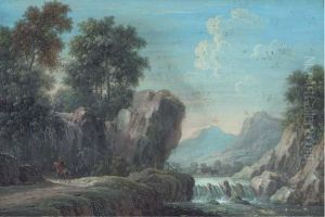 A Mountainous, Wooded River Landscape With A Figure On Horseback Ona Path by Louis Nicolael van Blarenberghe