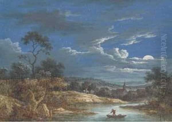 Un Paysage Nocturne Avec Un
Homme Dans Une Barque Sur Une Riviere Au Premier Plan, Des Voyageurs Se
Dirigeant Vers Un Village Dans Le Fond - view 1