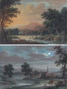 A River Landscape At Sunset With
Anglers On The Riverbank; And Ariver Landscape By Night With A
Traveller On A Track, Anglers And Achurch Beyond by Louis Nicolael van Blarenberghe