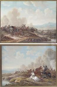 A Cavalry Battle By A River, An Officer Fallen From His Horse; Andan Ambush by Louis Nicolael van Blarenberghe