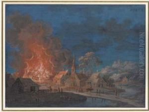 A Village On Fire By Moonlight; And A Village On Fire At Night By Ariver by Louis Nicolael van Blarenberghe