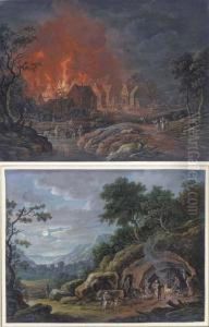 Night Scenes: A Family Cooking In A Cave; And A Village Onfire