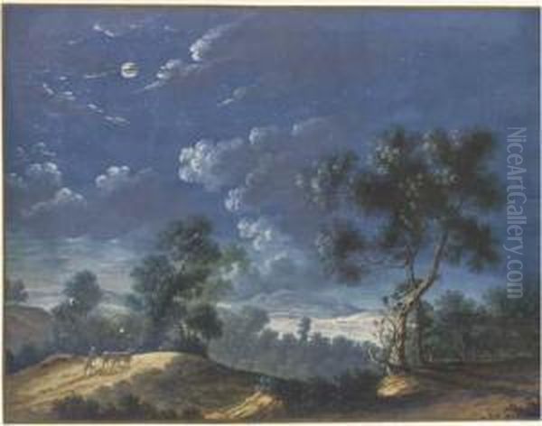 A Moonlit Landscape With A
Figure Leading Two Cattle, A Lake In Thedistance; And A Moonlit River
Landscape With A Town In Thedistance - view 1