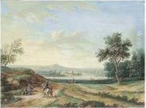 A Panoramic Landscape, With A 
Town On A River In The Middle Distance And Peasants In The Foreground