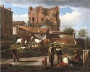 Figures Conversing Along A Path
With Cattle Grazing, The Triumphal Arch Of Janus Quadrifrons by Norbert van Bloemen