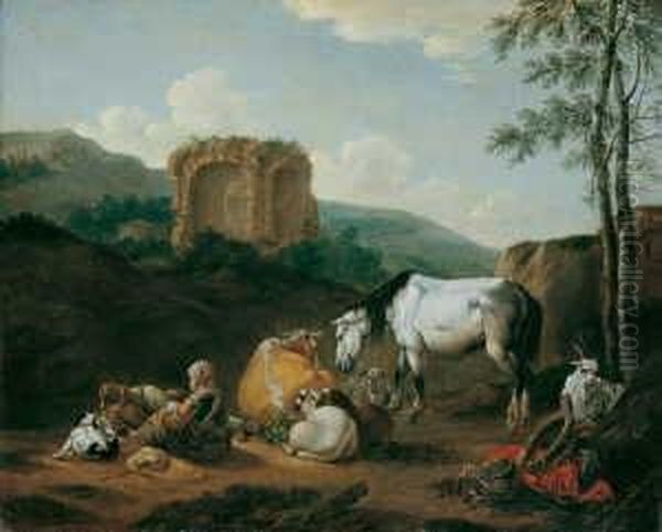 Bloemen, Norbert Van (1670
Antwerpen - 1746 Amsterdam), Zugeschrieben Sudliche Landschaft Mit
Rastenden Hirten Vor Ruine. Ol Auf Leinwand. H 68; B 83 Cm. - view 1