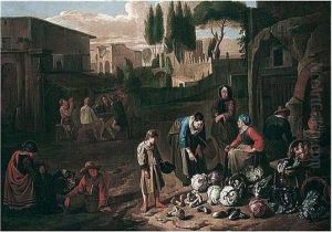 A Roman Street Scene With A Vegetable Seller