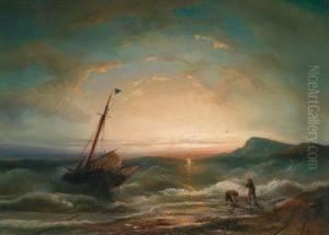 Schiff Auf Bewegter See In Strandnahe by Elias Pieter van Bommel