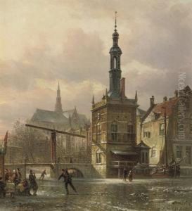 Skaters In Front Of The Accijnstoren With The St. Laurentius Church Beyond, Alkmaar
