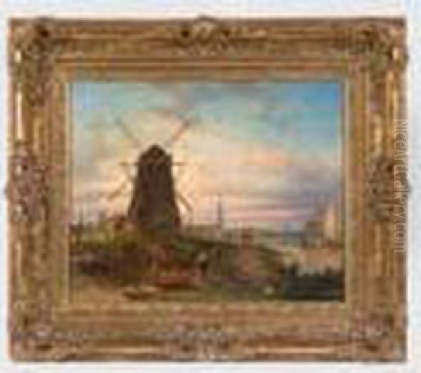 Hollandische Fluslandschaft Mit Windmuhlen, Reicher Figuren Und Bootsstaffage - view 1