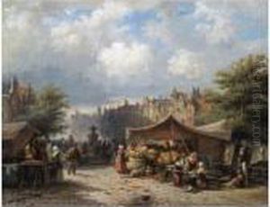 A Busy Market Day On The Kloveniersburgwal, Amsterdam by Elias Pieter van Bommel