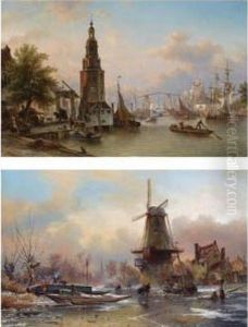 A View Of The Oude Schans With
The Montelbaanstoren, Amsterdam; Awindmill In A Winter Landscape At Dawn by Elias Pieter van Bommel