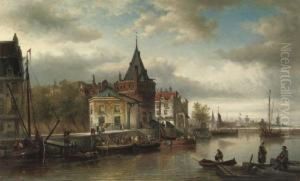 A Busy Day Along The Prins Hendrikkade By The Schreierstoren, Amsterdam by Elias Pieter van Bommel