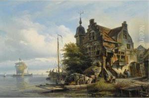 Figures Unloading A Ferry By A Tavern