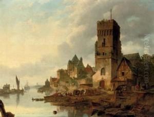 Activities On A Quay In A Riverside Town by Elias Pieter van Bommel