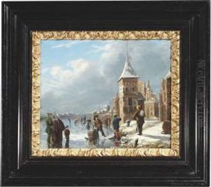 Dutch Town With Skaters On A Fronzen River